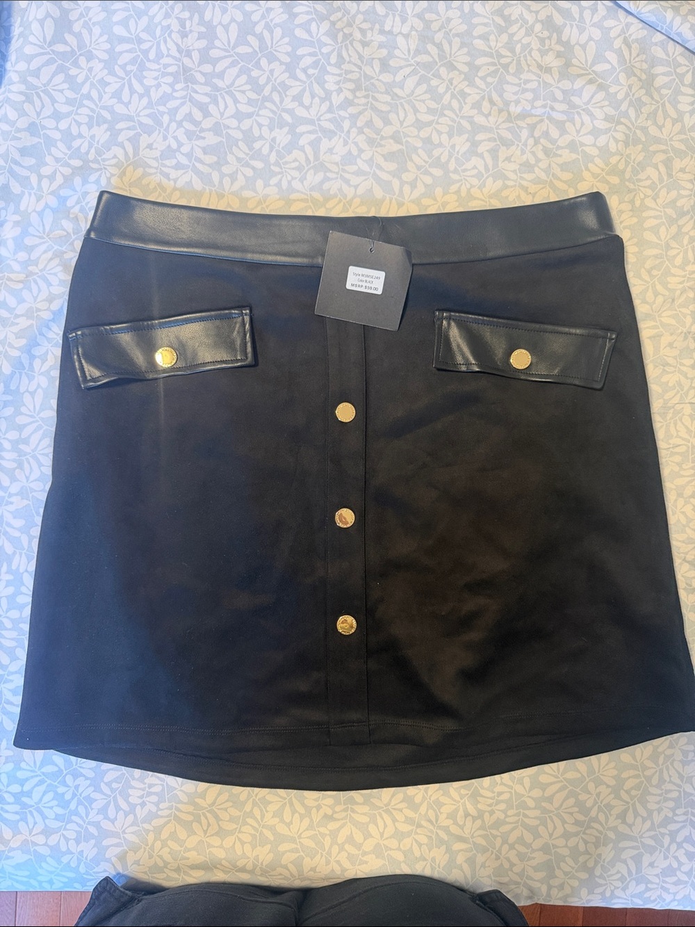 Black Faux-Leather Trim Button-Front Skirt